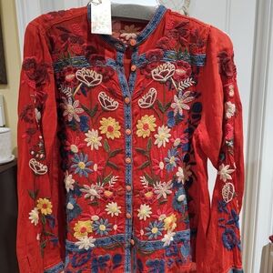 Johnny Was Red Floral Embroidered Button Down Shirt